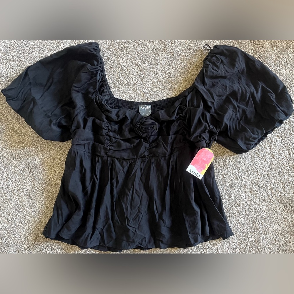 Aria Black Puff Sleeve Peplum Top